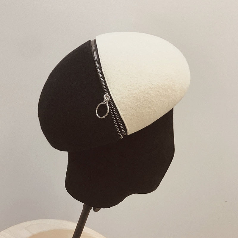 Black and white wool felt hat with zipper and beret