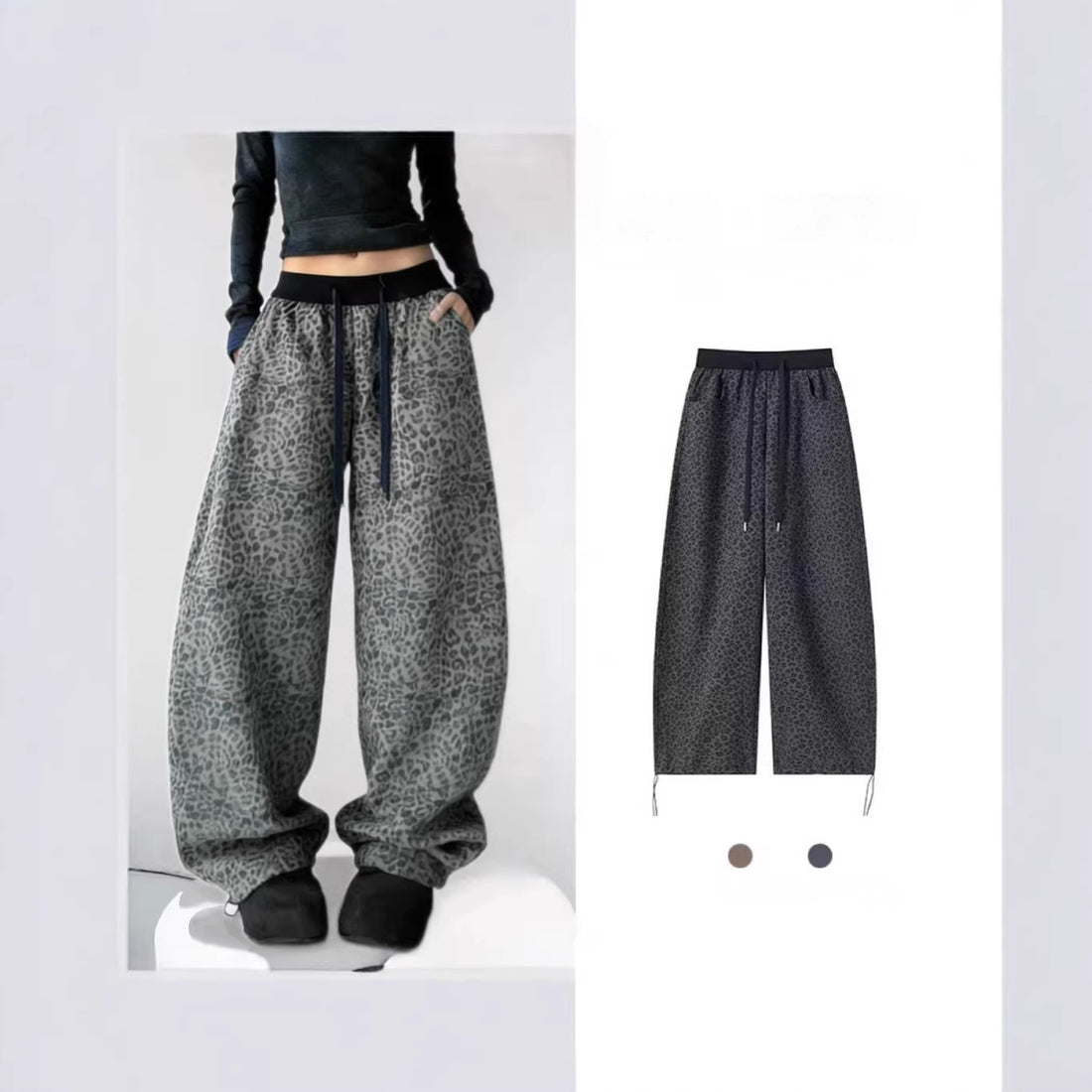 Womens Fashionable All-Match Leopard-Print High-Waist Wide-Leg Pants