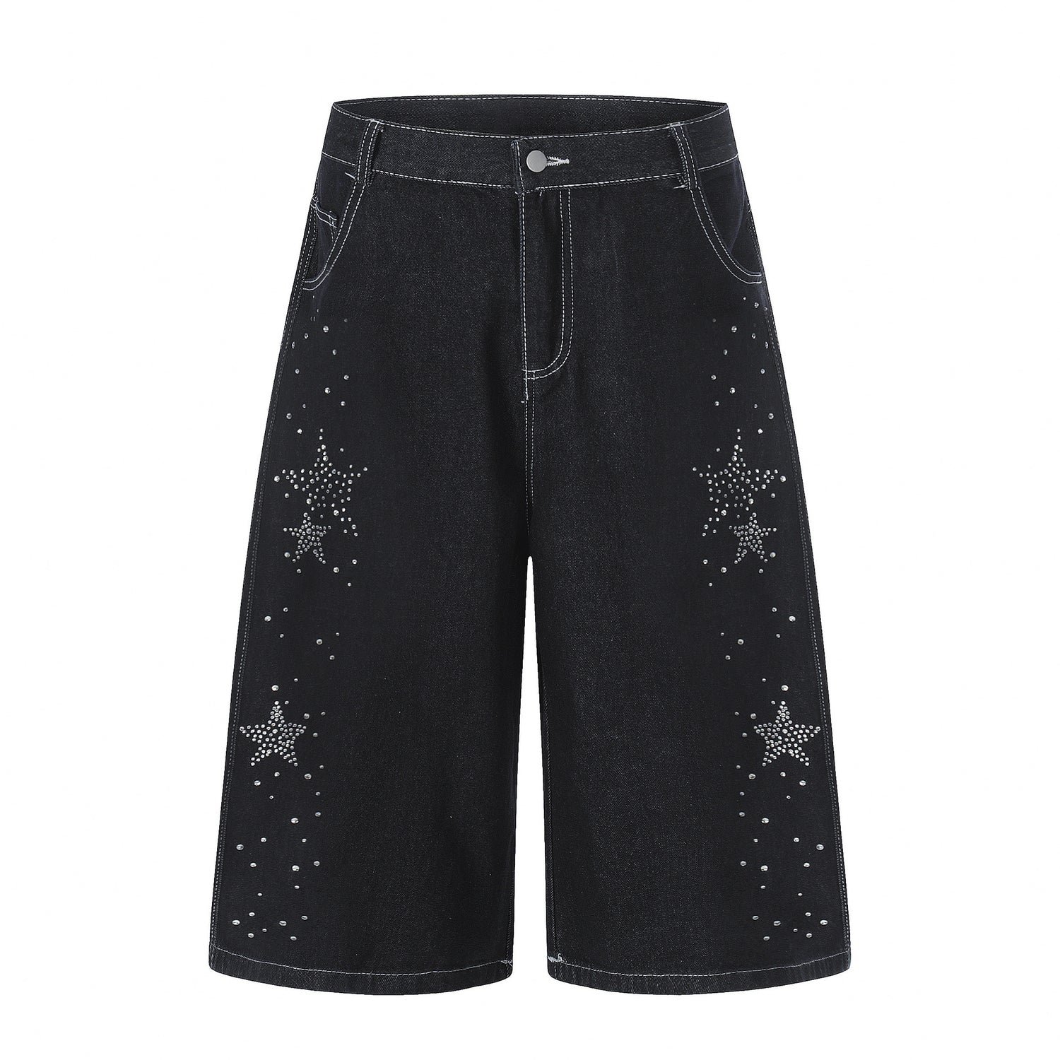 Star-shaped Rhinestone Embellished Capri Denim Shorts Womens Loose-fit
