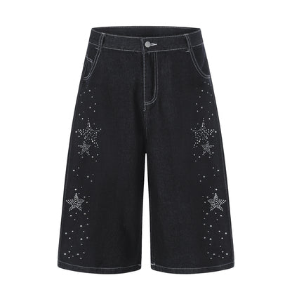 Star-shaped Rhinestone Embellished Capri Denim Shorts Womens Loose-fit