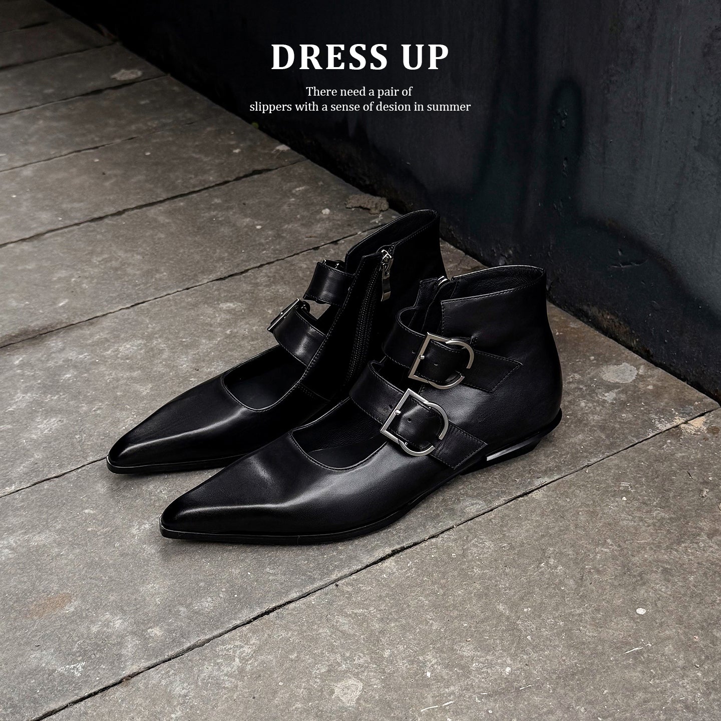 Handmade Full-Grain Leather Mary Jane Ankle Boots, Pointed Toe Double Buckle Low Heel Booties