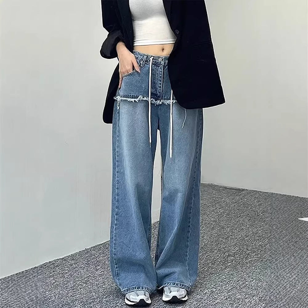 Drawstring-attached Patchwork-design Relaxed-fit Raw-hem Wide-leg Pants