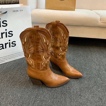 Embroidered Mid-calf Retro Cowboy Boot Women