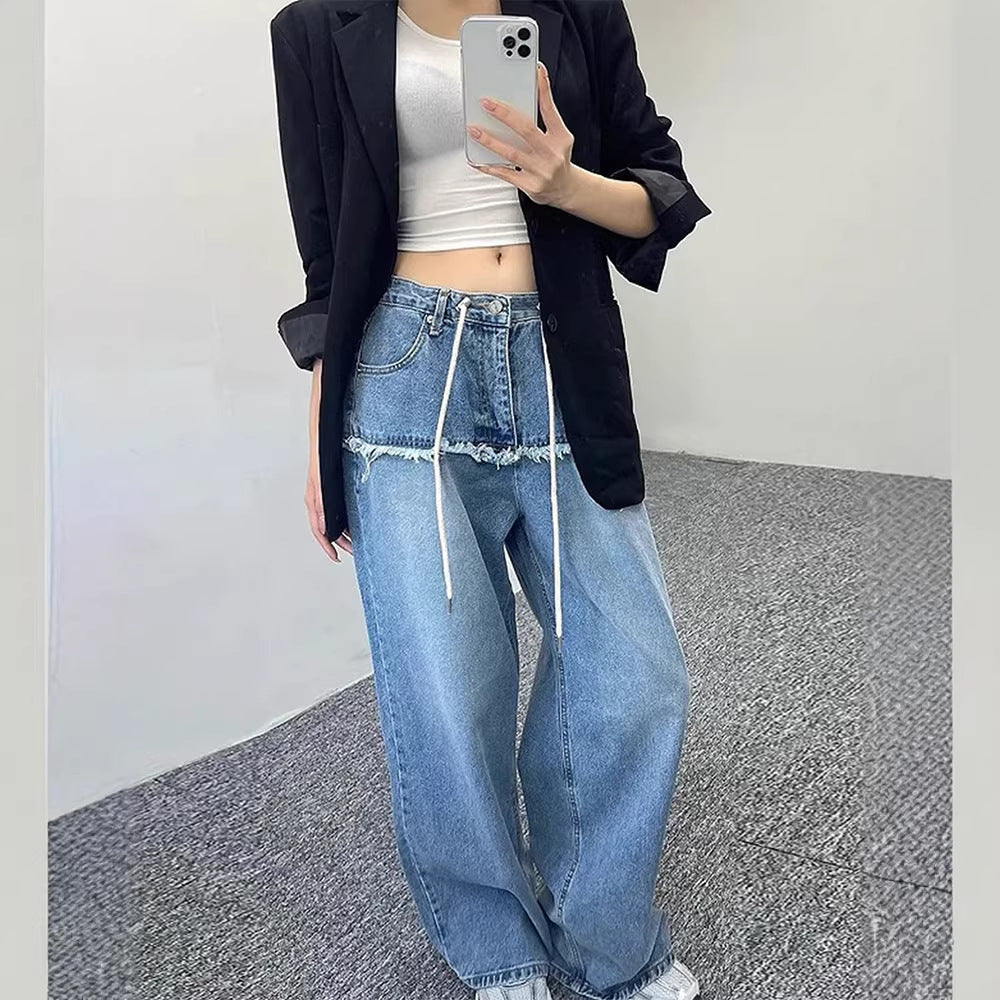 Drawstring-attached Patchwork-design Relaxed-fit Raw-hem Wide-leg Pants