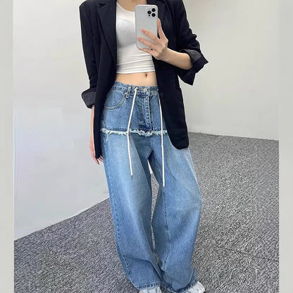 Drawstring-attached Patchwork-design Relaxed-fit Raw-hem Wide-leg Pants
