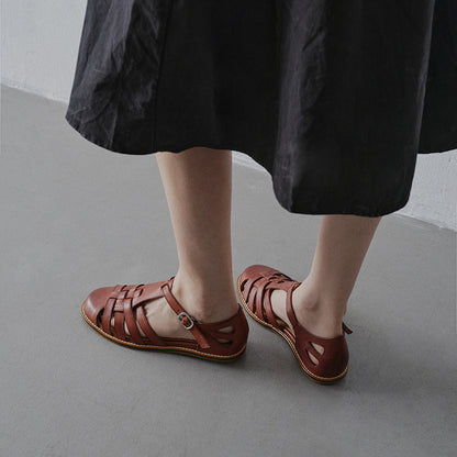Premium Washed Full Grain Leather Fisherman Sandals, Closed-Toe Woven T-Strap Flats