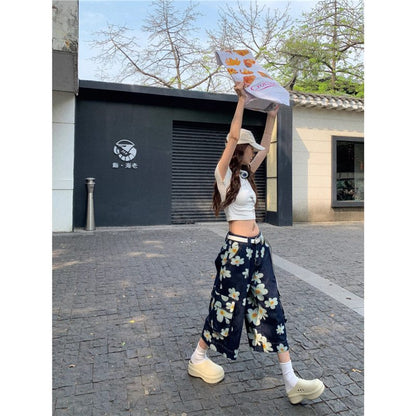 Summer Loose-fitting Figure-flattering Mid-length Wide-leg Pants