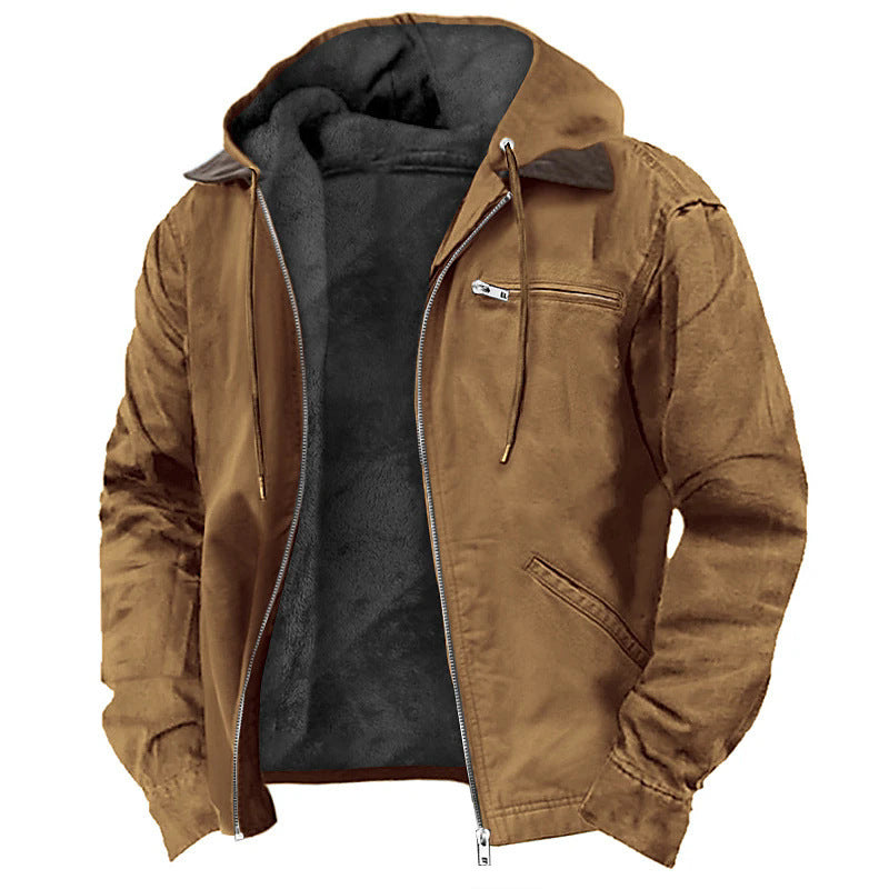 Winter Hooded Coat With Pockets Fashion Warm Fleece Zip-up Jacket Casual Outwear Men&