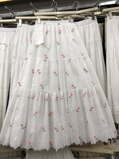 Sweet Mori-Style Embroidered Hollow-Out Lace Skirt
