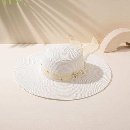 Summer Fashion Flower Linen Straw Hat Wide Brim Sunshade Japanese Style
