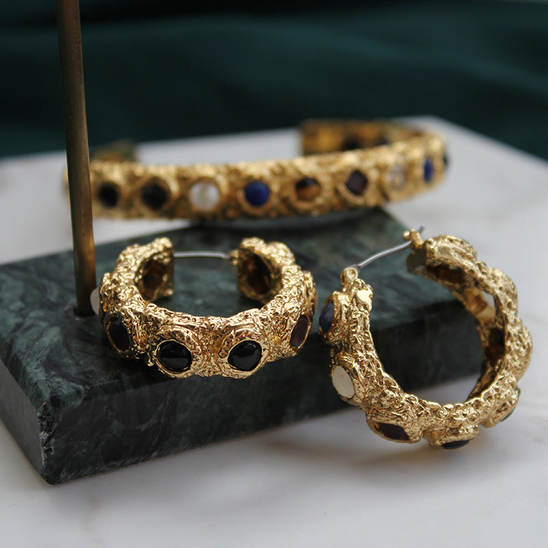 Vintage Inlaid Gem Color Gold Plated Ear Ring Ring Open-ended Bracelet