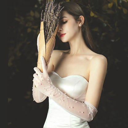 Bride Gloves White Wedding Dress Pearl Mesh