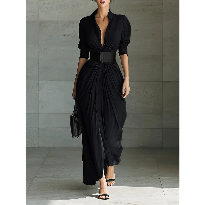 Chic Collared Button-Down Shirt Dress With Belt