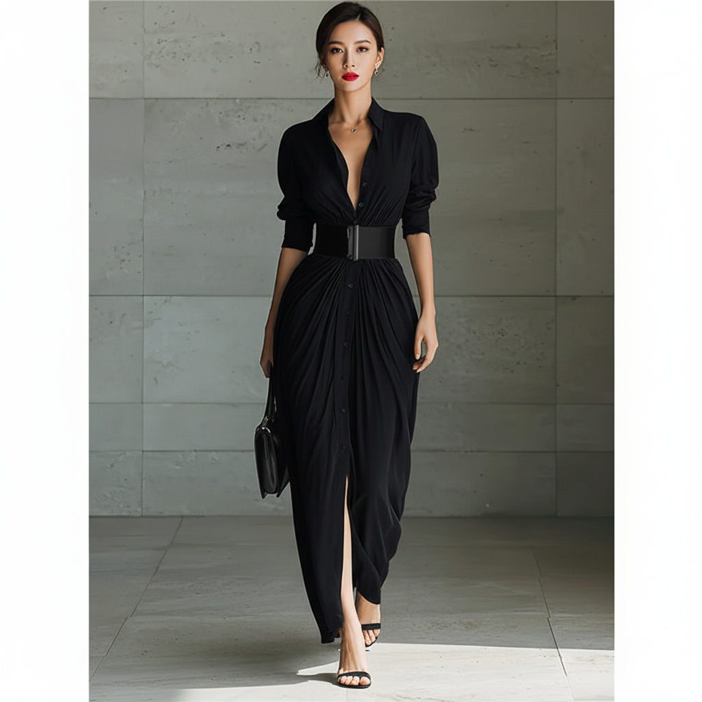 Chic Collared Button-Down Shirt Dress With Belt