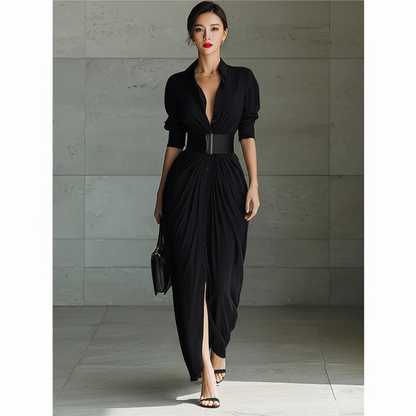 Chic Collared Button-Down Shirt Dress With Belt