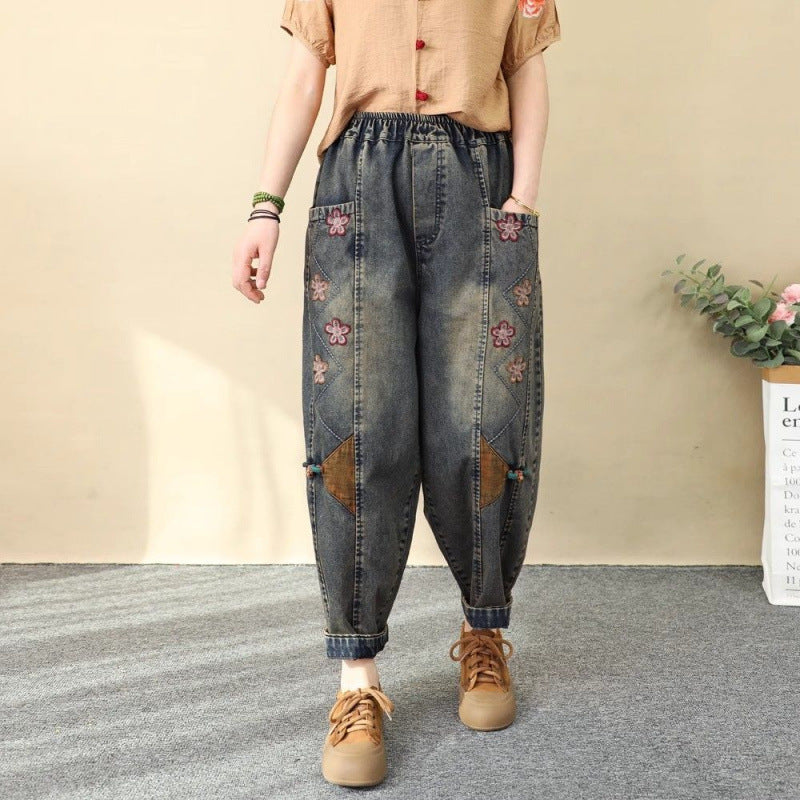 Spring Loose Patchwork Plus-size Cropped Harem Pants