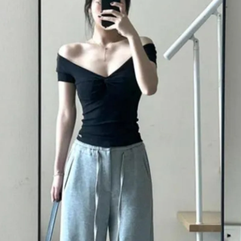 Black Off-shoulder V-neck Short Sleeves