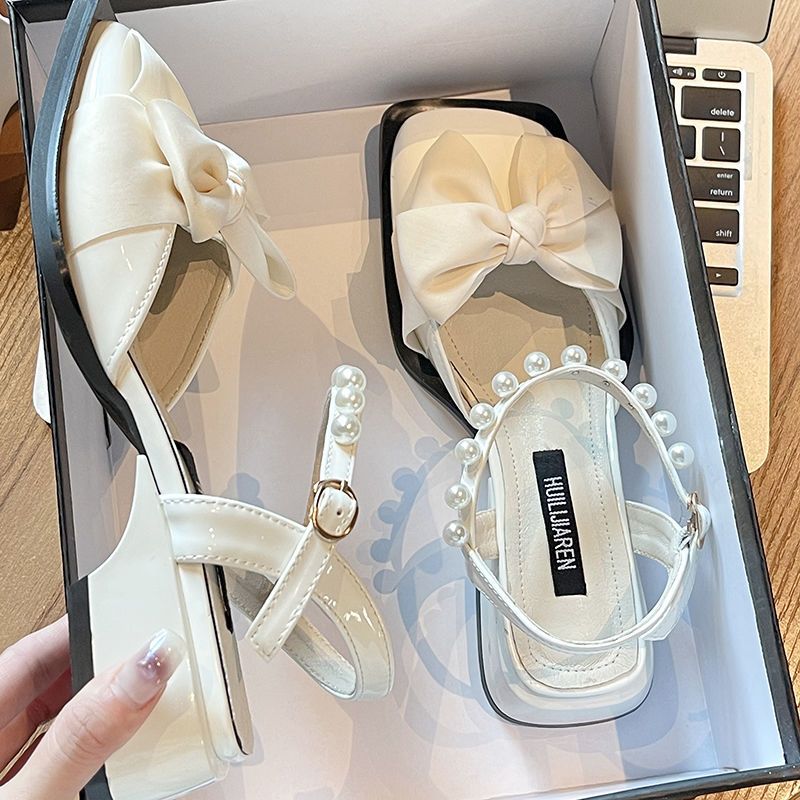 Summer Bow-Knot Pearl Low-to-Mid-Heel Leather Shoes