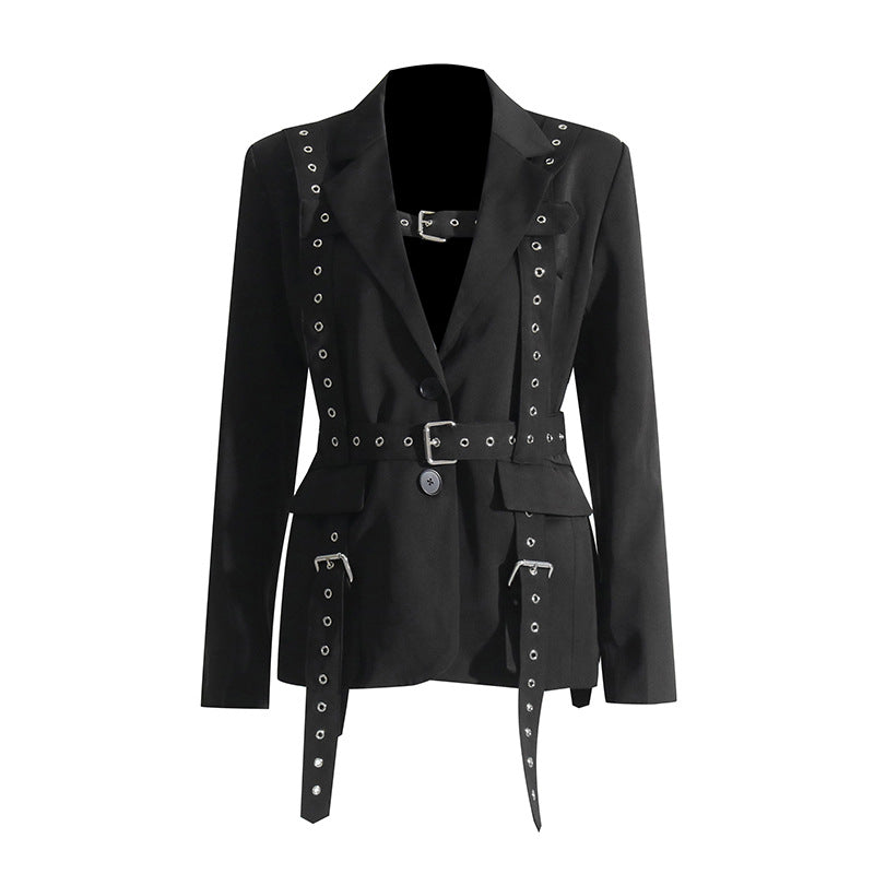 Fashionable Temperament Rivet Buckle Decorative Design Tight Waist Slimming Suit Coat Women&