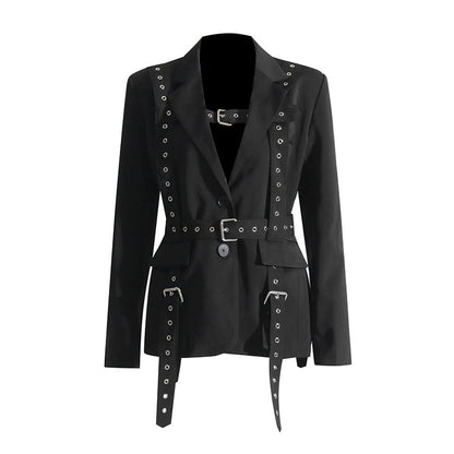 Fashionable Temperament Rivet Buckle Decorative Design Tight Waist Slimming Suit Coat Women&