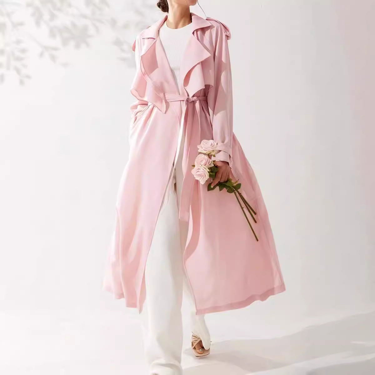 Long Waist-cinching Sheer Flowing Trench Coat