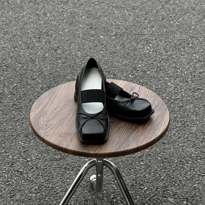 Bow-Knot Genuine Leather Ballet Flats With Thick Soles