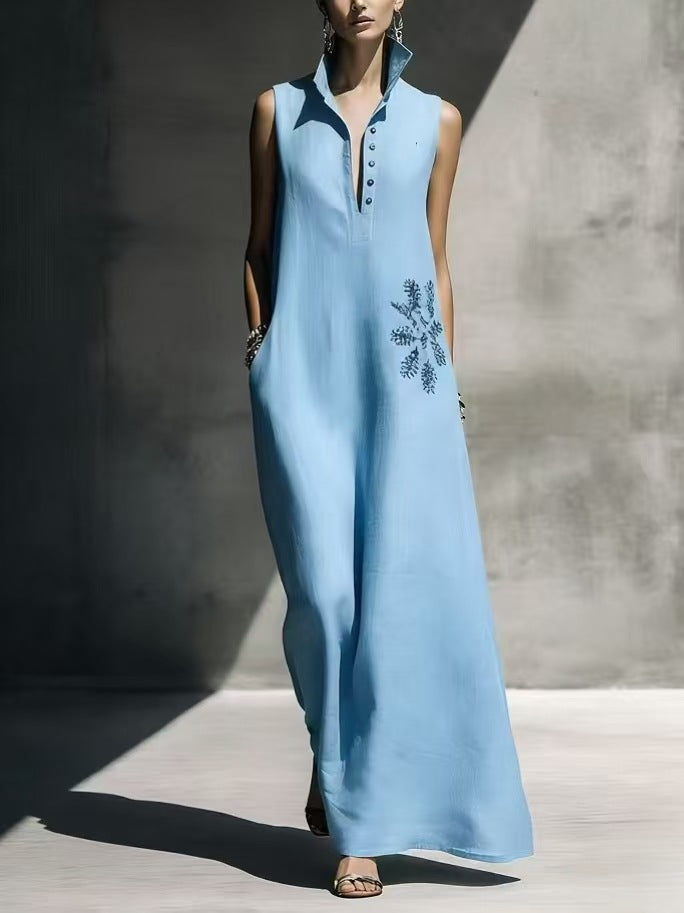 Heat-transfer Graphic Pocket Casual Mandarin-collar Cotton-linen Dress