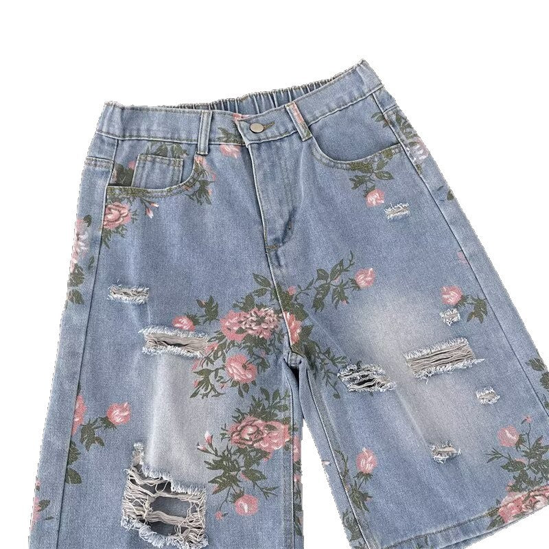 Summer Retro Floral Print Ripped Denim Shorts