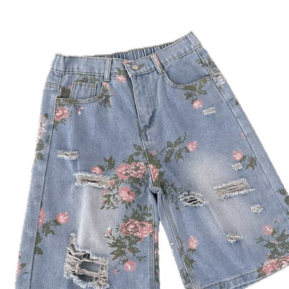 Summer Retro Floral Print Ripped Denim Shorts