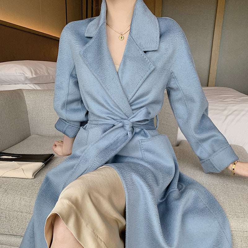 Long Lace-up Waist Woolen Woolen Coat