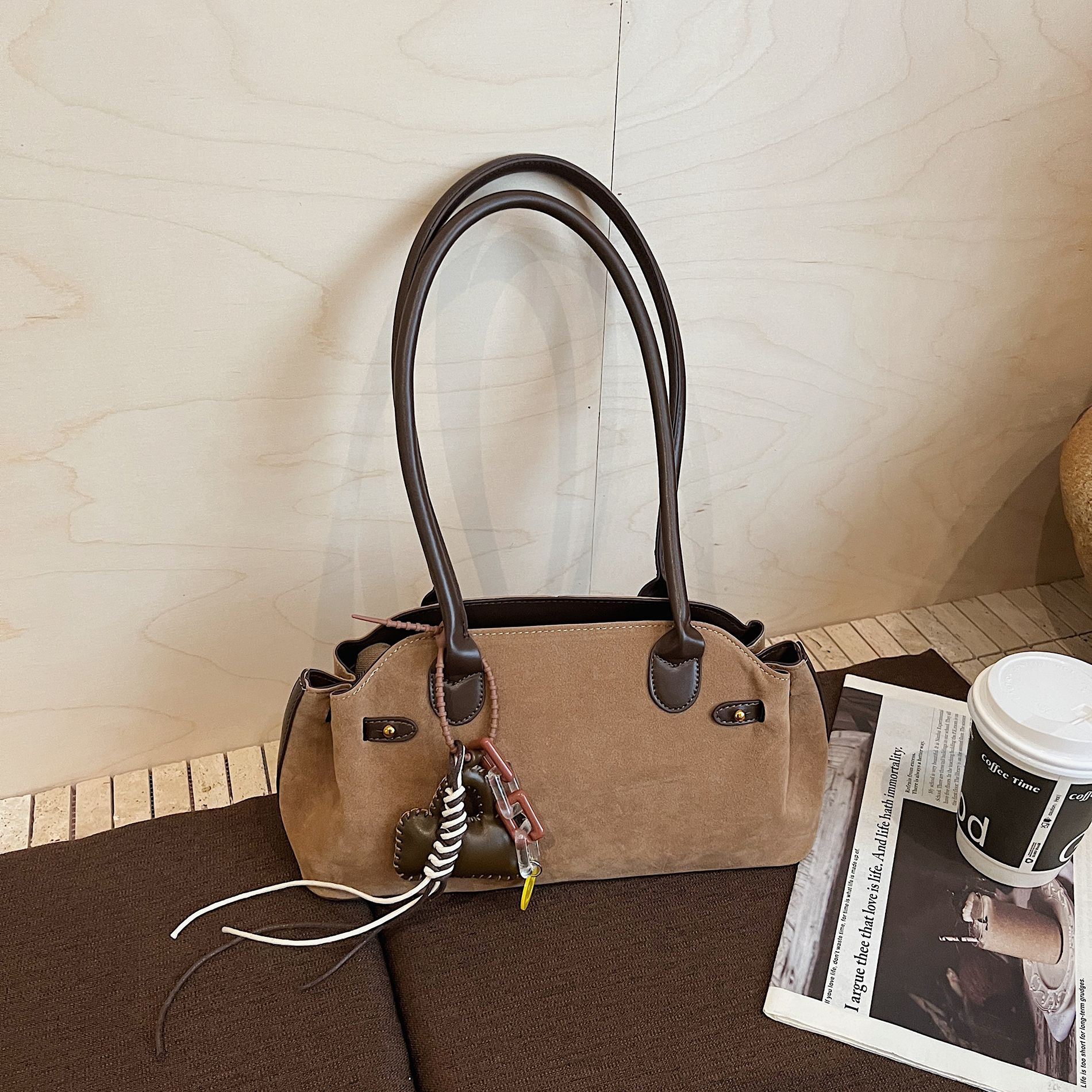 Fashionable All-Match Color-Block Suede Velvet Hand Bag