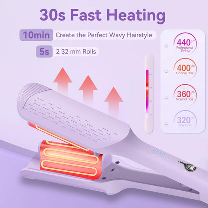 Curling Iron Hair Crimper Waver, 1.25 Inch Rovy Wave Curling Iron With Anti-Scald, Ionic Deep Waver Hair Curler Tool With Ceramic 2 Barrel For Women, 32mm Beach Waves With 30 Min Auto Shut Off