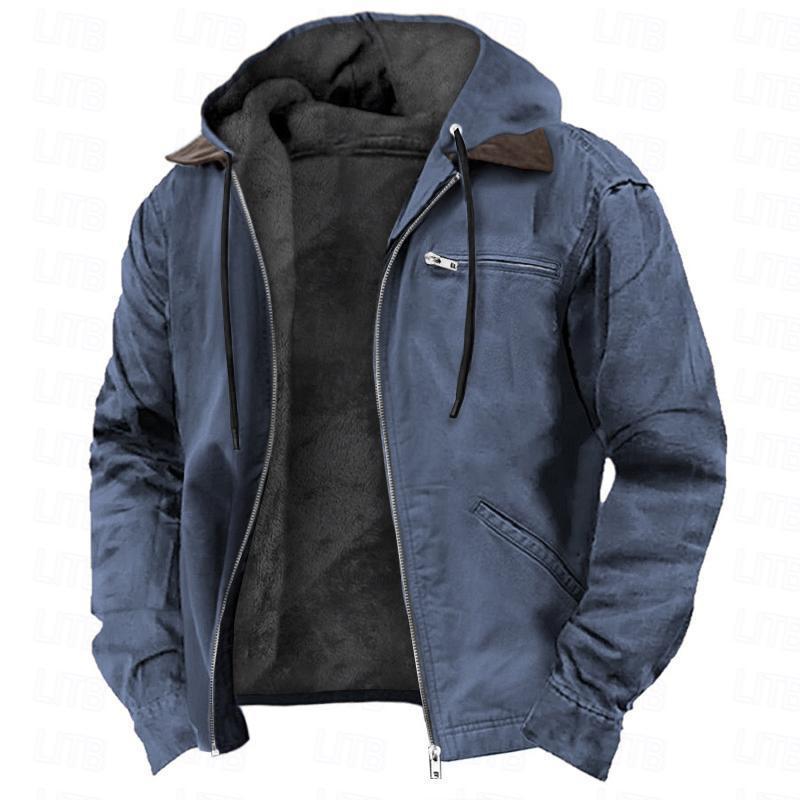Winter Hooded Coat With Pockets Fashion Warm Fleece Zip-up Jacket Casual Outwear Men&