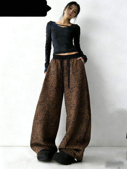 Womens Fashionable All-Match Leopard-Print High-Waist Wide-Leg Pants