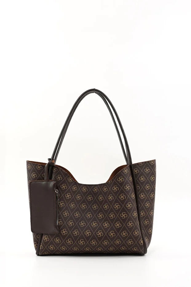 3in1 Monogram Brown Faux Leather Women Hand And Shoulder Bag With Wallet and Makeup Bag