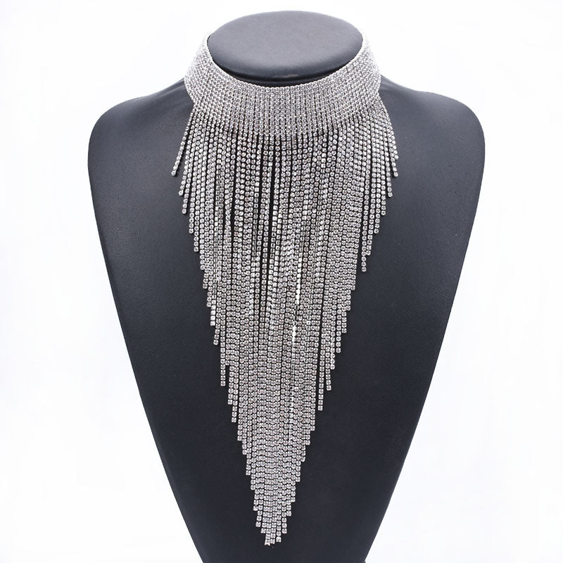 Full Rhinestone Clavicle Necklace Rhinestone Long Tassel Necklace