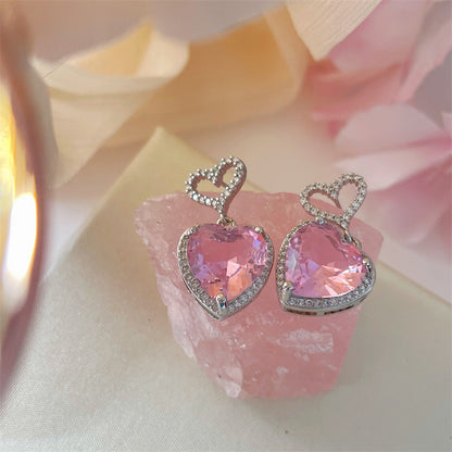 New Light Luxury Premium Feeling Pink Crystal Heart Earrings For Women Girls Niche Design Earrings Birthday Jewellery Gift