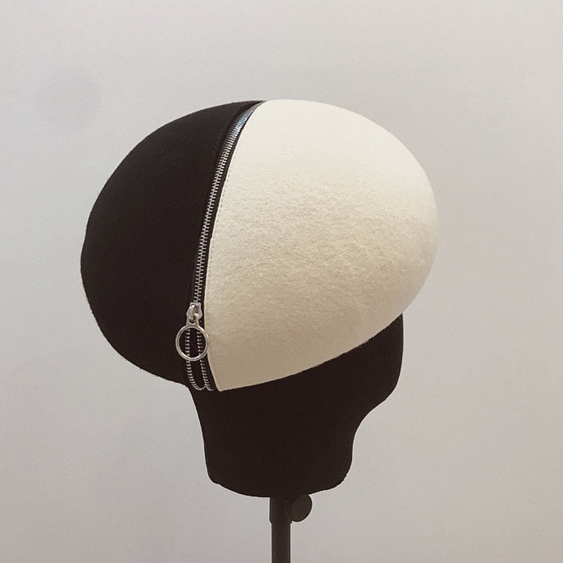 Black and white wool felt hat with zipper and beret
