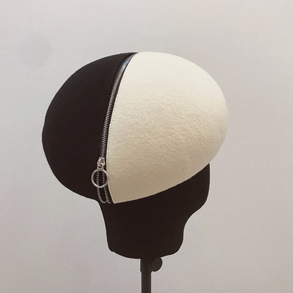 Black and white wool felt hat with zipper and beret
