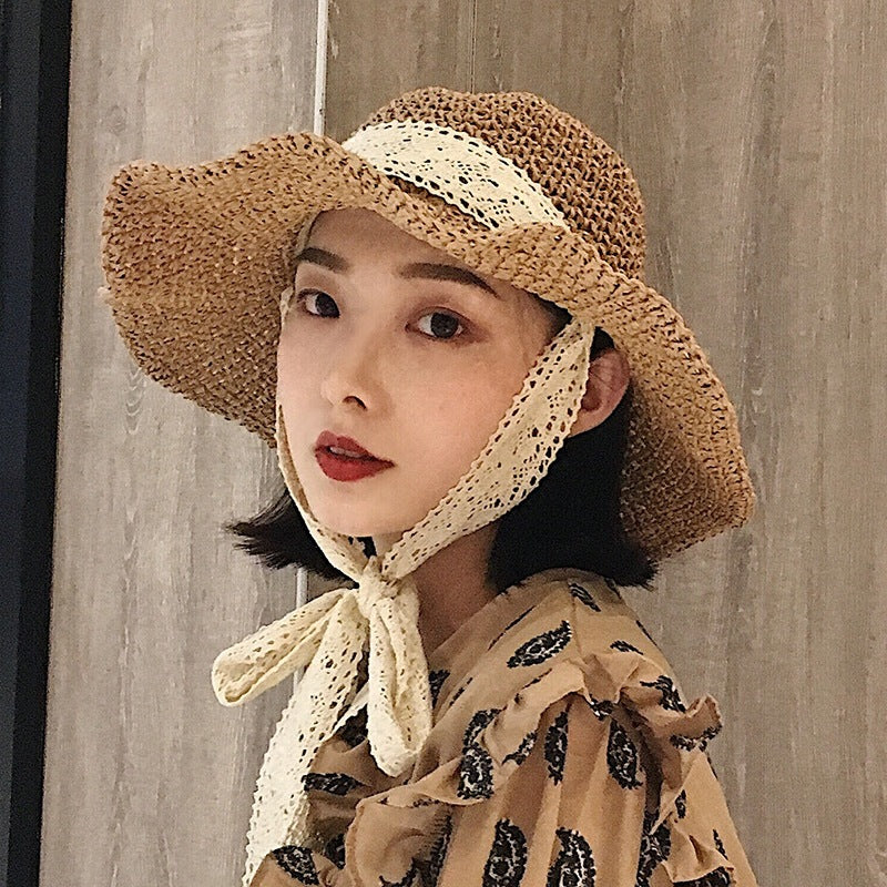 Korean Style Foldable Handmade Straw Hat Summer Lace Strap