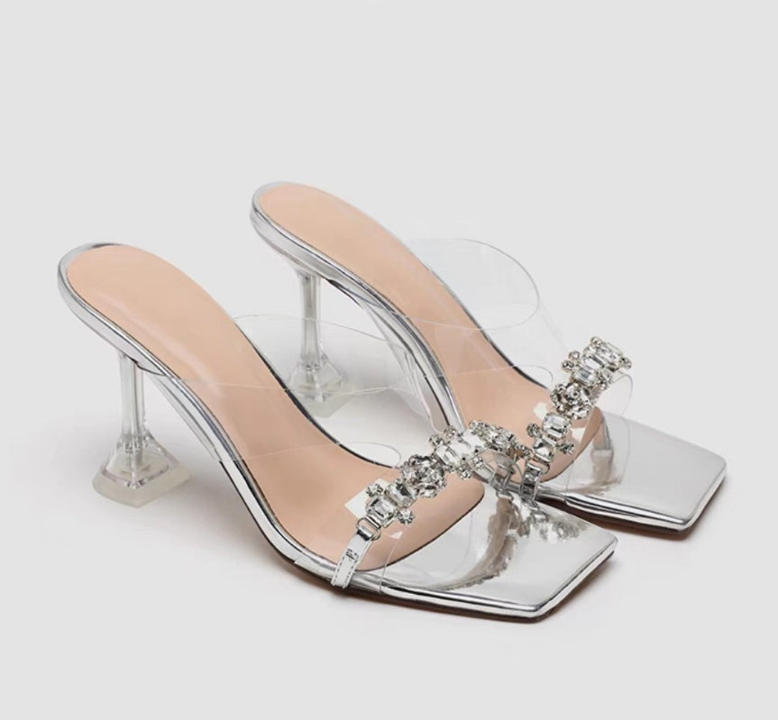 Square Sandals, Transparent Rhinestone High Heels, Open Toed Sandals, Women&