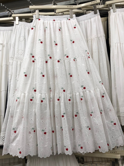 Sweet Mori-Style Embroidered Hollow-Out Lace Skirt