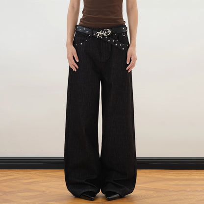 Spring Autumn High-End Relaxed Straight-Leg Denim Jeans With Rivets And Star Details