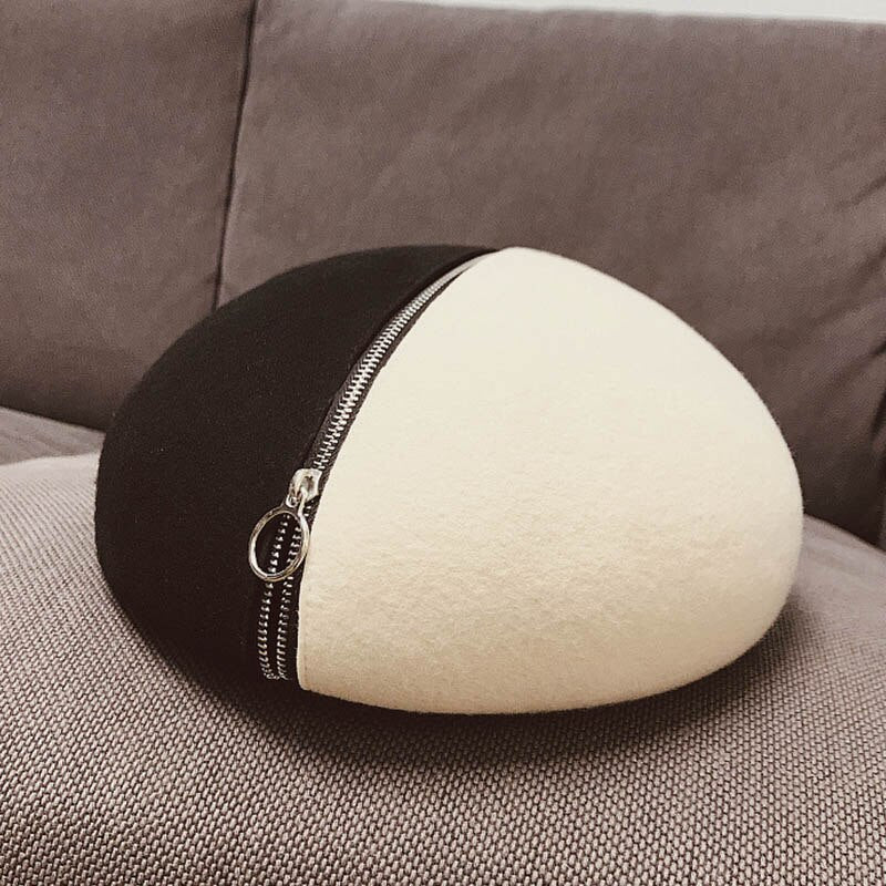 Black and white wool felt hat with zipper and beret