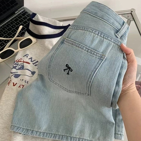 Designer Bow-Embroidered Denim Shorts For Women