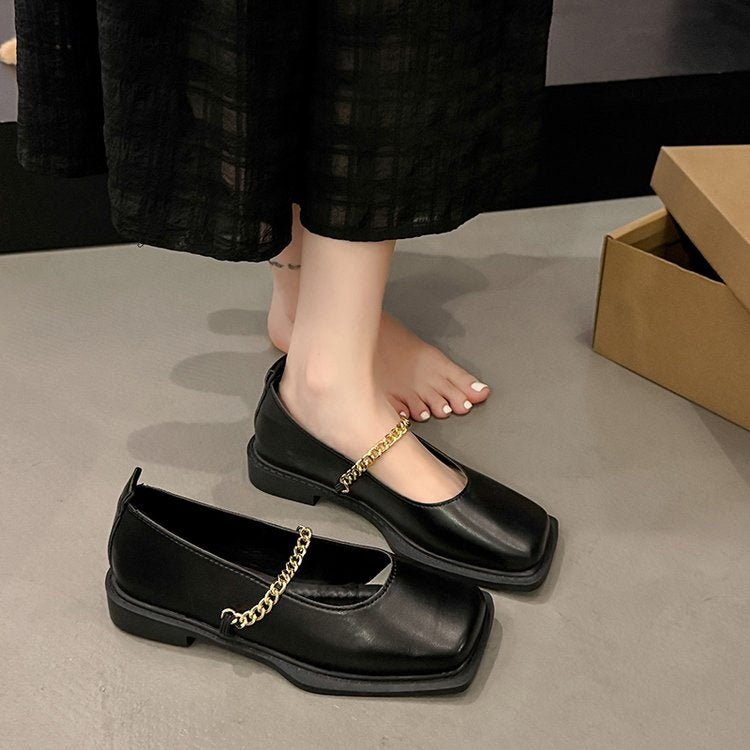 Square Toe Metal Chain Strap Slip On Flats - Casual Dress Comfortable Loafers