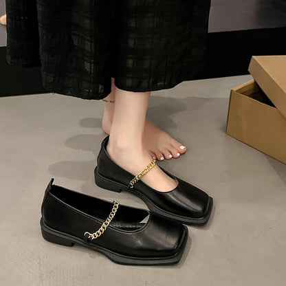 Square Toe Metal Chain Strap Slip On Flats - Casual Dress Comfortable Loafers