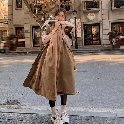 New Style Over-knee Lapel Waist Fashionable Cotton Coat