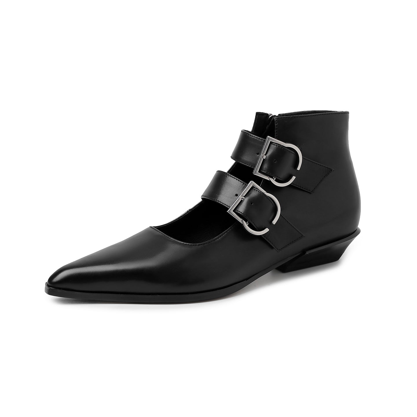 Handmade Full-Grain Leather Mary Jane Ankle Boots, Pointed Toe Double Buckle Low Heel Booties