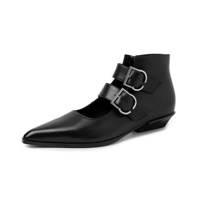 Handmade Full-Grain Leather Mary Jane Ankle Boots, Pointed Toe Double Buckle Low Heel Booties